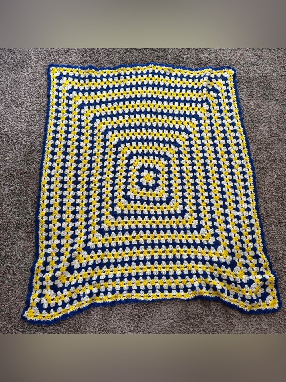 Handmade Crochet Blue Yellow White Afghan Blanket
